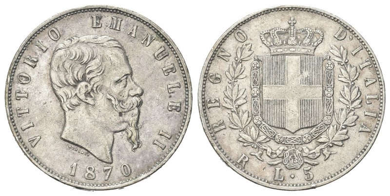 REGNO D’ITALIA
Vittorio Emanuele II, 1861-1878.
5 Lire 1870 Roma.
Ag 
Dr. Te...