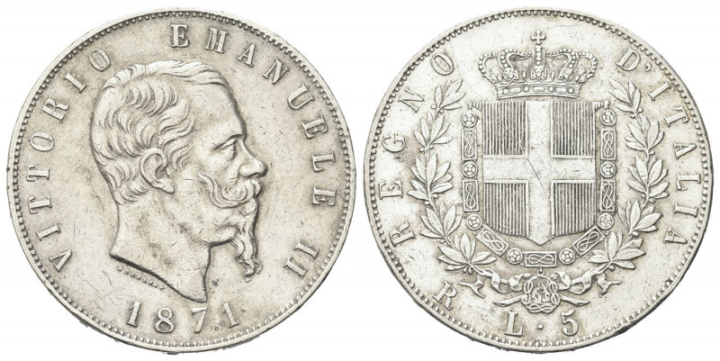 REGNO D’ITALIA
Vittorio Emanuele II, 1861-1878.
5 Lire 1871 Roma.
Ag 
Dr. Te...