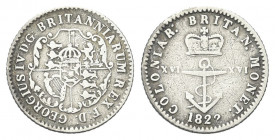 BRITISH WEST INDIES
Giorgio IV, 1820-1830.
1/16 di Dollaro 1822
Ag gr. 1,59
Dr. Stemma coronato.
Rv. Ancora sormontata da corona; ai lati, valore...