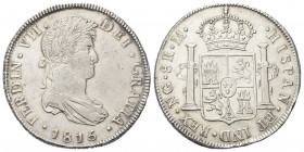 GUATEMALA
Ferdinando VII, 1808-1833.
8 Reali 1815 NG-M.
Ag gr. 26,88 
Dr. Busto laureato a d.
Rv. Stemma coronato tra due colonne.
KM#69.
Raro....