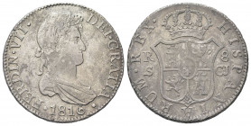 SPAGNA
Ferdinando VII, 1808-1833.
8 Reales 1816 S - CJ.
Ag gr. 26,46 
Dr. Busto laureato e corazzato a d. 
Rv. Stemma rotondo coronato.
KM#466.4...