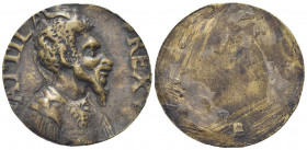 AQUILEIA
Attila (Re degli Unni), 433-453.
Placchetta uniface fine XVI sec. satirica raffigurante Attila.
Æ gr. 15,48 mm. 42
Dr. ATTILA - REX. Bust...