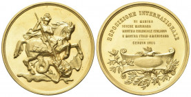 GENOVA
Durante Vittorio Emanuele III, 1900-1943.
Medaglia 1914 Esposizione Internazionale di Marina.
Æ dorato gr. 65,06 mm. 60
Dr. San Giorgio a c...