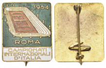 ROMA
Durante Repubblica Italiana, dal 1946.
Spilla 1954 Campionati internazionali d’Italia.
Æ dorato con smalti gr. 8,10 mm. 30,3x25,2
Dr. 1954 / ...