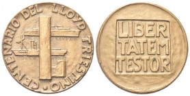 TRIESTE
Ventennio Fascista, dal 1923 al 1943.
Medaglia 1936 a. XIV opus M. Mascherini.
Æ dorato gr. 69,48 mm. 51,2
Dr. CENTENARIO DEL LLOYD TRIEST...