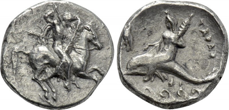 CALABRIA. Tarentum. Nomos (Circa 332-302 BC). 

Obv: Warrior, holding shield a...