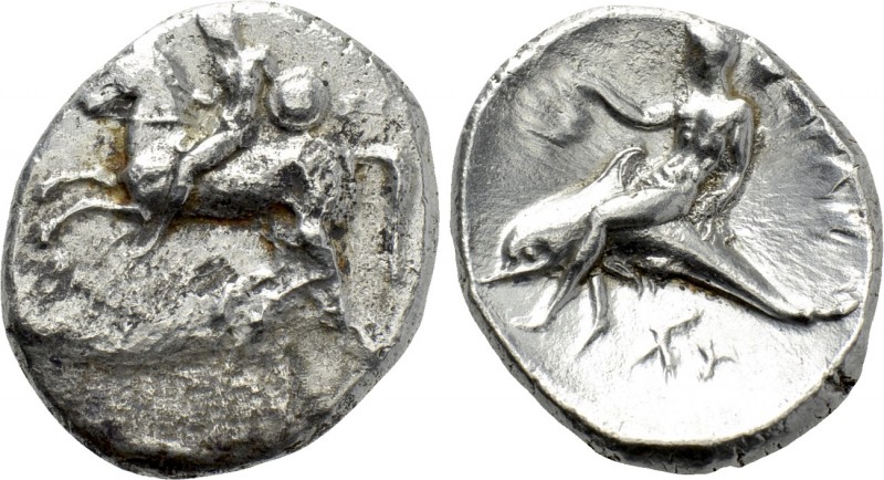 CALABRIA. Tarentum. Nomos (Circa 302-280 BC). 

Obv: Warrior, holding shield, ...