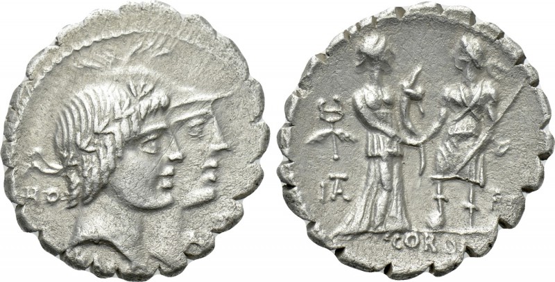 Q. FUFIUS CALENUS and MUCIUS CORDUS. Serrate Denarius (68 BC). Rome. 

Obv: HO...