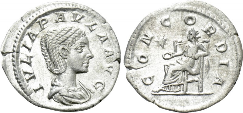 JULIA PAULA (Augusta, 219-220). Denarius. Rome. 

Obv: IVLIA PAVLA AVG. 
Drap...