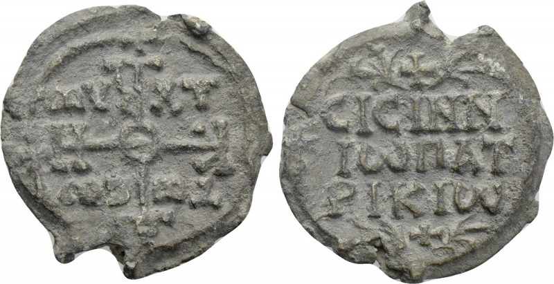 BYZANTINE LEAD SEALS. Sisinnios, patrikios (Circa Mid-late 8th century). 

Obv...