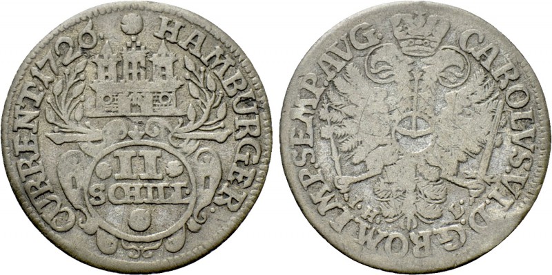 GERMANY. Hamburg. 2 Schilling (1726). 

Obv: Imperial double eagle, holding sw...