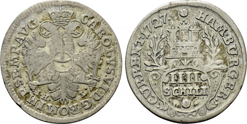 GERMANY. Hamburg. 4 Schilling (1727). 

Obv: Imperial double eagle, holding sw...
