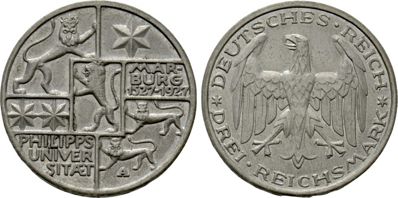 GERMANY. Weimarer Republik. 3 Reichsmark (1927-A). Berlin mint. Commemorating th...