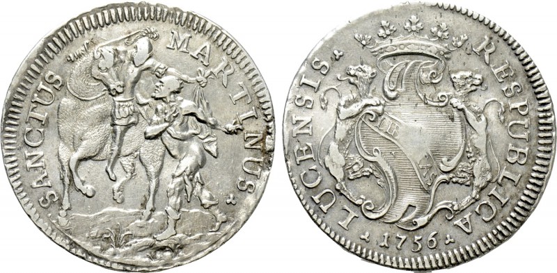 ITALY. Lucca. Scudo (1756).

Obv: SANCTUS MARTINUS.
St. Martin on horse left,...