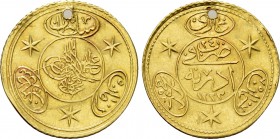OTTOMAN EMPIRE. Mahmud II (AH 1223-1255 / 1808-1839 AD). GOLD Tek or 1/2 Hayriye. Constantinople (Istanbul) mint. Dated AH 1223//24 (1831 AD). Mint vi...