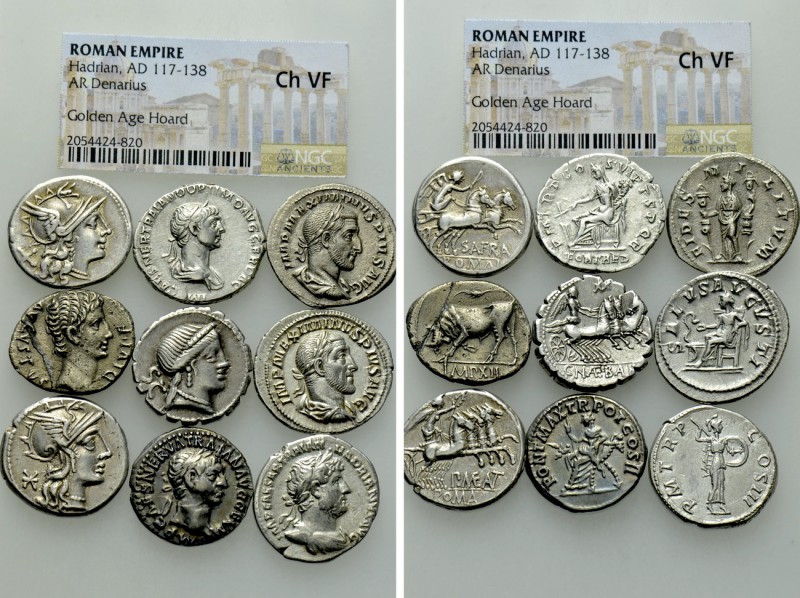 9 Roman Denari. 

Obv: .
Rev: .

. 

Condition: See picture.

Weight: g...