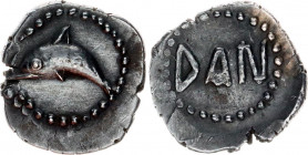 COLLECTOR'S COPY!
Ancient Greece Litra 480 - 462 BC, Messana (Sicily)
Catalbiano 292, HGC 2, 771; Silver 0,86 gr; Obv: Dolphin left. Rev: Large DAN.