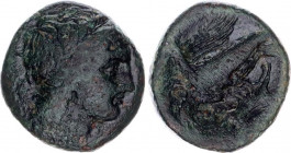 Ancient Greece AE18 279 - 241 BC, Akragas (Sicily)
SNG ANS-1130; Copper 8,15 gr; Obv: Laureate head of Apollo r. Rev: Two eagles standing l. on captu...