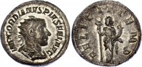 Roman Empire AR Antoninianus 243 - 244 AD
RIC 140; RSC 71; Silver 4.01 g.; Gordian III (238-244 AD); Obv: IMP GORDIANVS PIVS FEL AVG, radiate, draped...