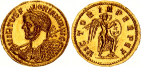 Roman Empire Aureus 276 AD Florian
Gold 4.55 g; Obv: VIRTVSFLORIANIAVG - Laureate, cuirassed bust left, holding spear over shoulder and shield. Rev: ...