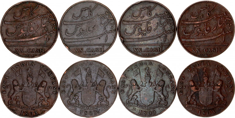 British India Madras 4 x 20 Cash 1803
KM# 321; N# 6730; Copper; VF.