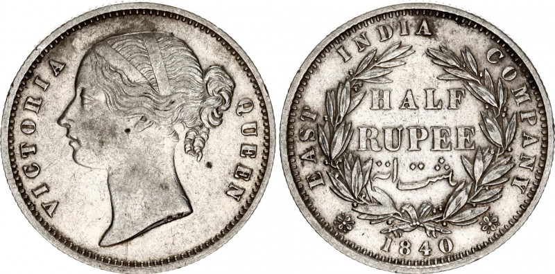British India 1/2 Rupee 1840
KM# 456.3; N# 25924; Silver; Victoria; Mint: Madra...