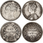 British India 2 x 1 Rupee 1840 - 1862
KM# 457, 473; Silver; Victoria; VF/XF.