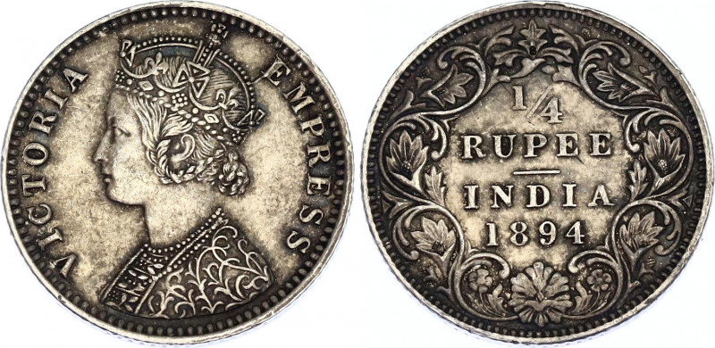British India 1/4 Rupee 1894 B
KM# 490; N# 26099; Silver; Victoria; Mint: Bomba...