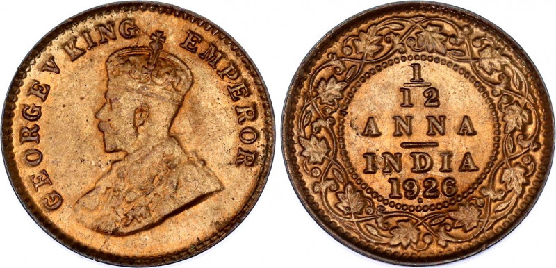British India 1/12 Anna 1926
KM# 509, N# 1110; George V; UNC with full mint lus...