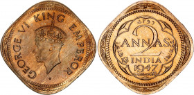 British India 2 Annas 1947 B
KM# 542; N# 7305; Copper-Nickel; George VI; Mint: Calcutta; UNC