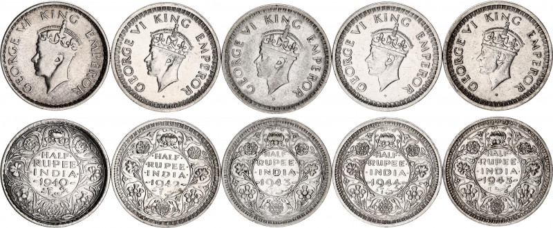 British India 5 x 1/2 Rupee 1940 - 1945
KM# 550a, 551, 552; Silver; George VI; ...