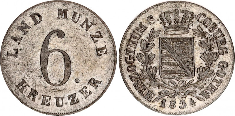 German States Saxe-Coburg-Gotha 6 Kreuzer 1834
KM# 41; N# 26760; Silver; Ernst ...