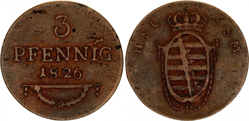 German States Saxe-Coburg-Saalfeld 3 Pfennig 1826
KM# 133; N# 73625; Copper; Er...