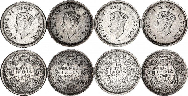 British India 4 x 1/4 Rupee 1942 - 1945
KM# 546, 547; Silver; George VI; VF/UNC...