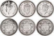 British India 3 x 1 Rupee 1943 - 1945
KM# 556, 557; Silver; George VI; VF/XF.