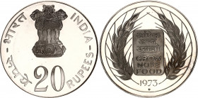 India 20 Rupees 1973 B
KM# 240, N# 22406; Silver., Proof; FAO - Grow More Food