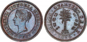 Ceylon 1/4 Cent 1870
KM# 90; N# 12111; Copper; Victoria; Mint: Calcutta; AUNC-UNC Toned