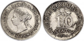 Ceylon 10 Cents 1894
KM# 94; N# 11355; Silver; Victoria; Mint: London; XF Toned