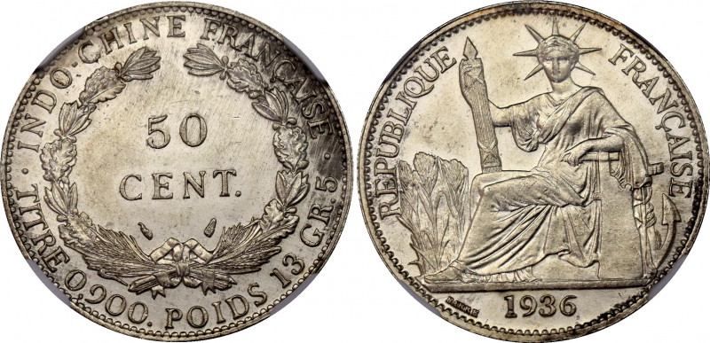 French Indochina 50 Centimes 1936 NGC UNC
KM# 4a.2, N# 11286; Silver; NGC UNC D...