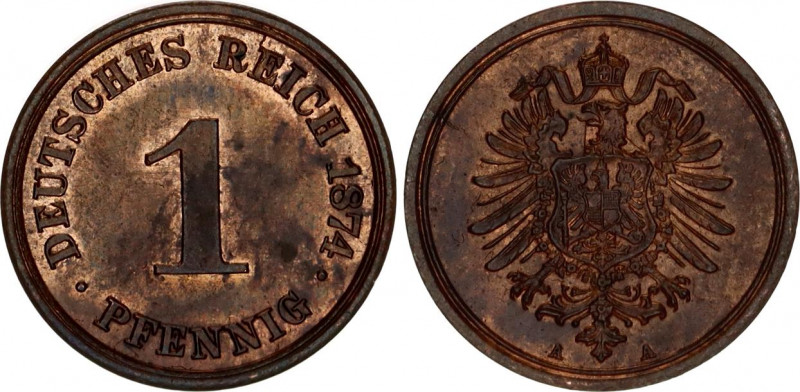 Germany - Empire 1 Pfennig 1874 C
KM# 1; N# 3410; Wilhelm I; UNC, mint luster r...