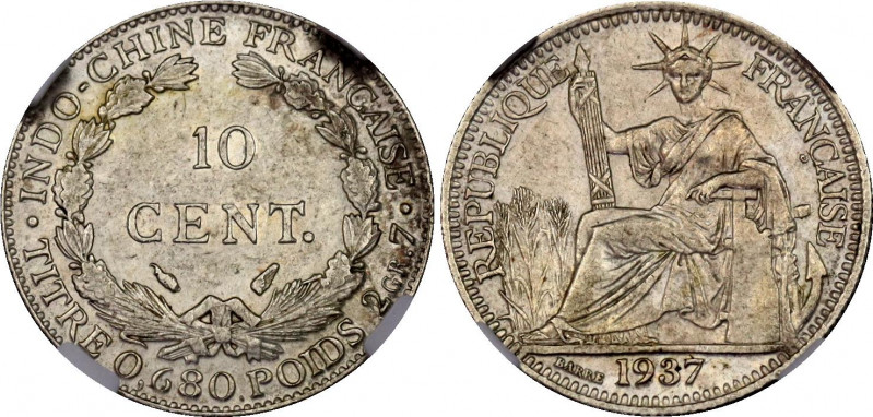 French Indochina 10 Centimes 1937 NGC AU
KM# 16.2, N# 2799; Silver; NGC AU Det....