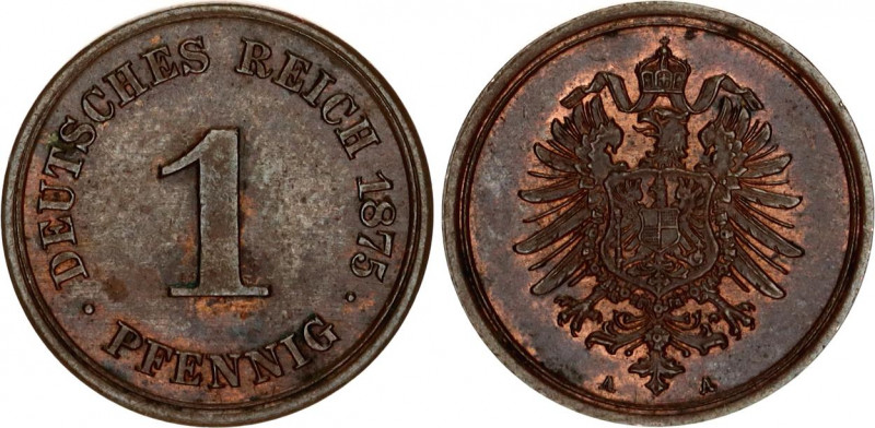 Germany - Empire 1 Pfennig 1875 A
KM# 1; N# 3410; Wilhelm I; AUNC/UNC, mint lus...