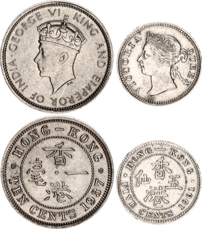 Hong Kong 5 & 10 Cents 1901 - 1937
KM# 5 & 21; N# 3079 & 7759; Silver & Nickel;...