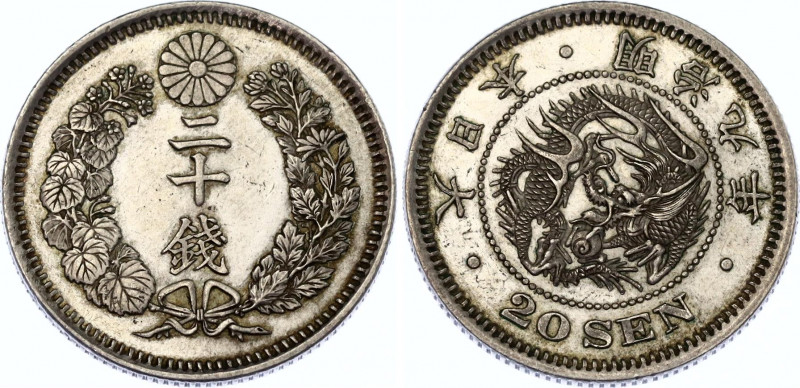 Japan 20 Sen 1876 (9)
Y# 24, N# 10945; Silver; Meiji; UNC- with mint luster