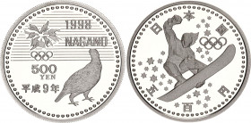 Japan 500 Yen 1997 (9)
Y# 114, N# 13617; Proof; Heisei; 1998 Winter Olympics, Nagano - Snowboard