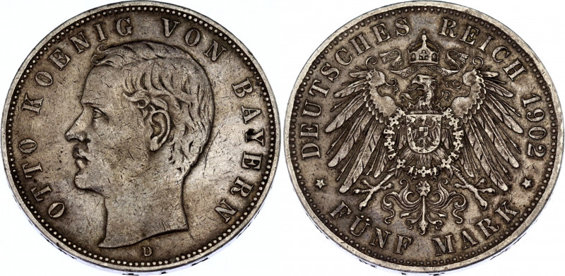 Germany - Empire Bavaria 5 Mark 1902 D
KM# 915; Silver; Otto; XF