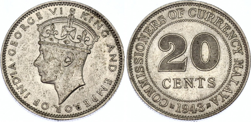 Malaya 20 Cents 1943
KM# 5a, N# 12720; Silver; George VI; UNC