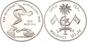 Maldives 250 Rufiyaa 1992 AH 1410
KM# 80, N# 52598; Silver., Proof; Olympiad 1992; Swimming
