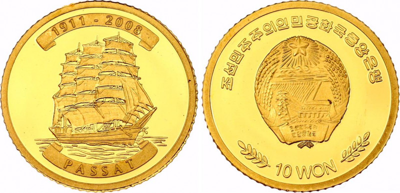 North Korea 10 Won 2008
KM# 1198; Gold (0.916) 1.0 g., Proof; Sailing ship Pass...
