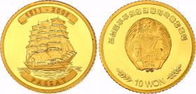 North Korea 10 Won 2008
KM# 1198; Gold (0.916) 1.0 g., Proof; Sailing ship Passat 1911